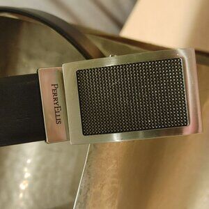 Perry Ellis Designer Bonded Leather Belt 1.5 Textured Metallic Buckle Black Size